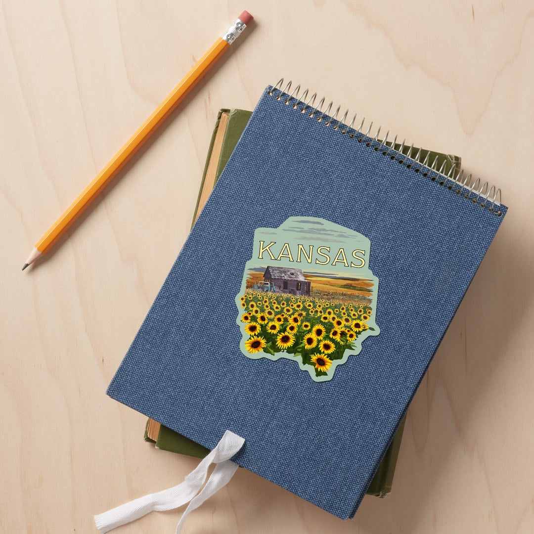 Kansas, Wheat Fields, Shack and Sunflowers, Badge, Contour, Vinyl Sticker - Lantern Press