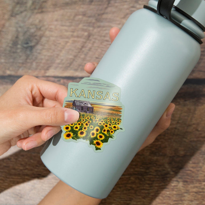 Kansas, Wheat Fields, Shack and Sunflowers, Badge, Contour, Vinyl Sticker - Lantern Press