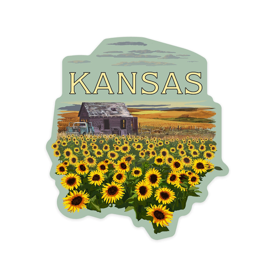 Kansas, Wheat Fields, Shack and Sunflowers, Badge, Contour, Vinyl Sticker - Lantern Press