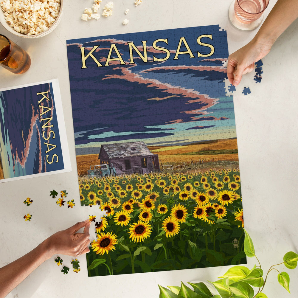 Kansas, Wheat Fields, Shack and Sunflowers, Jigsaw Puzzle Puzzle Lantern Press 