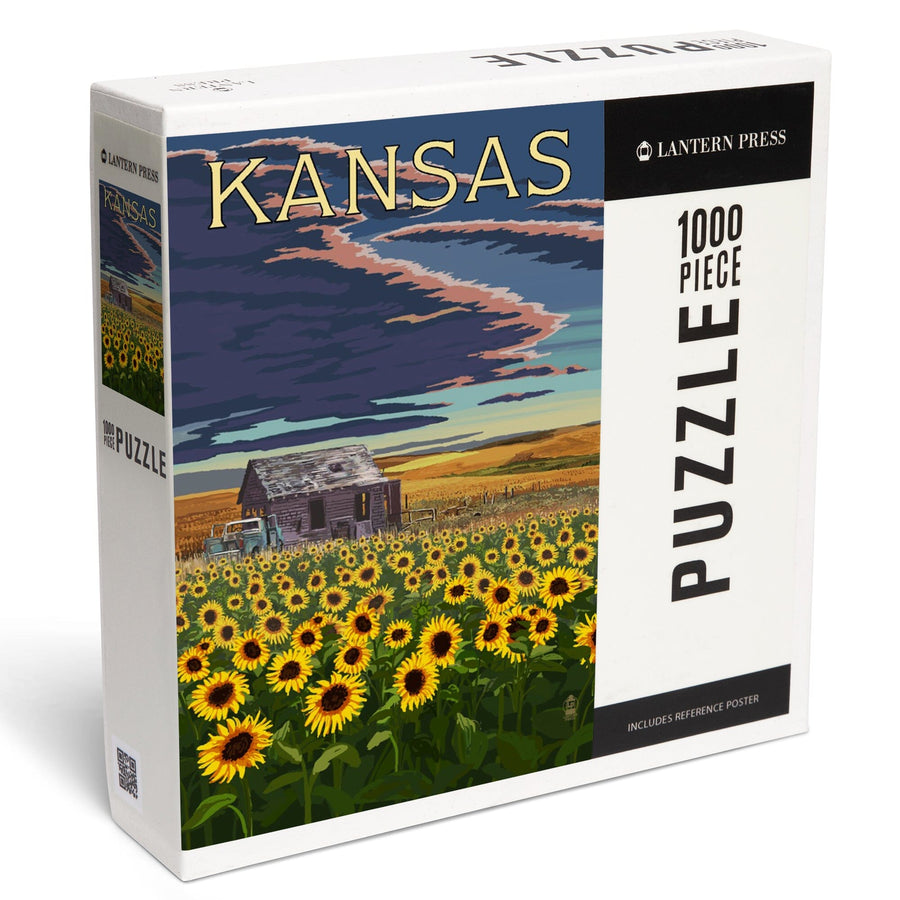Kansas, Wheat Fields, Shack and Sunflowers, Jigsaw Puzzle Puzzle Lantern Press 