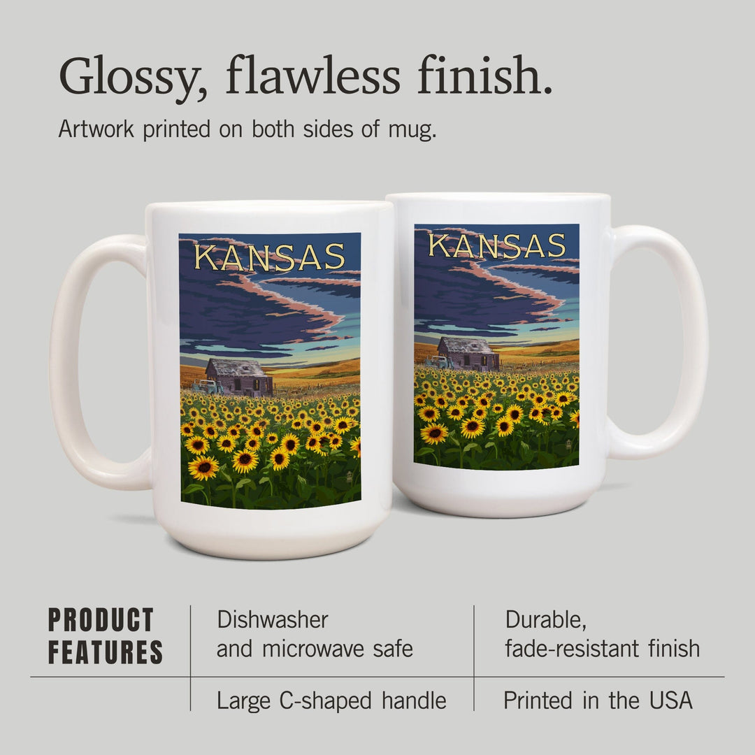 Kansas, Wheat Fields, Shack & Sunflowers, Lantern Press Artwork, Ceramic Mug Mugs Lantern Press 