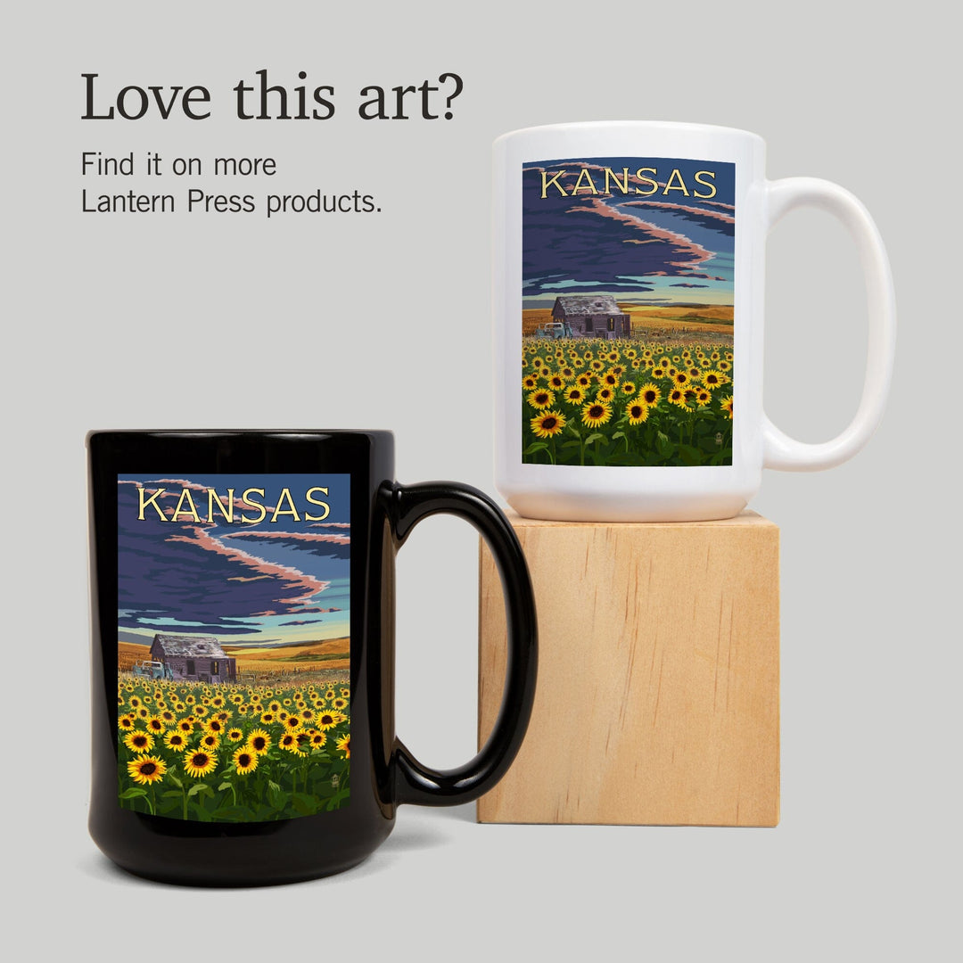 Kansas, Wheat Fields, Shack & Sunflowers, Lantern Press Artwork, Ceramic Mug Mugs Lantern Press 
