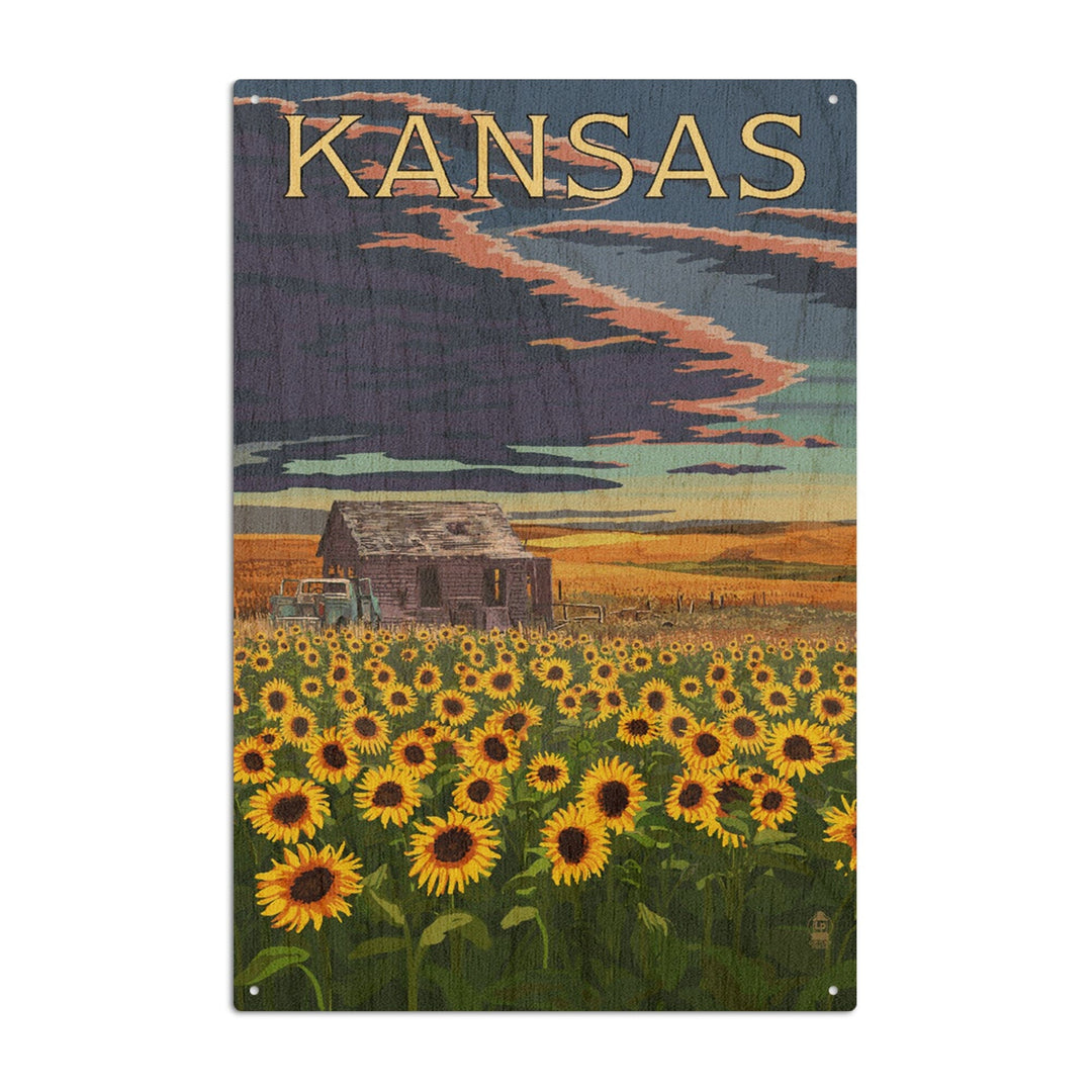 Kansas, Wheat Fields, Shack & Sunflowers, Lantern Press Artwork, Wood Signs and Postcards Wood Lantern Press 10 x 15 Wood Sign 