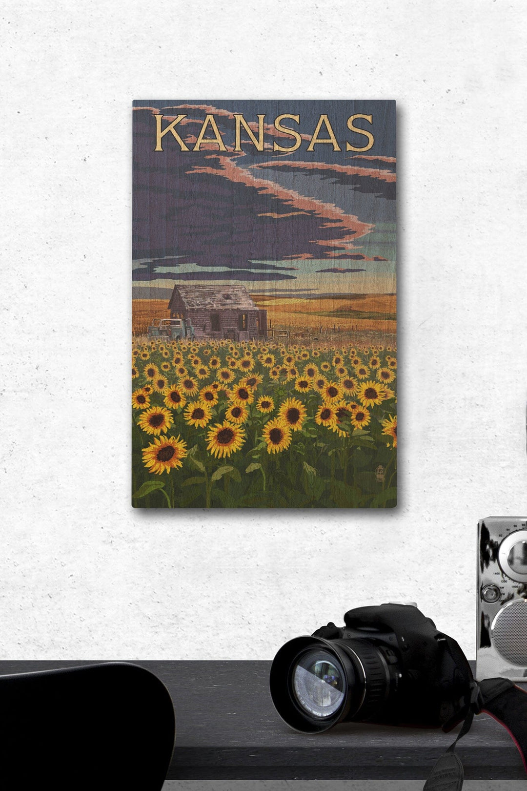 Kansas, Wheat Fields, Shack & Sunflowers, Lantern Press Artwork, Wood Signs and Postcards Wood Lantern Press 12 x 18 Wood Gallery Print 
