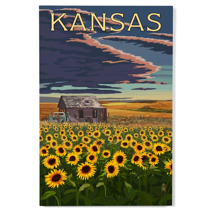 Kansas, Wheat Fields, Shack & Sunflowers, Lantern Press Artwork, Wood Signs and Postcards Wood Lantern Press 