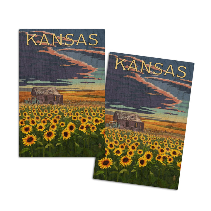 Kansas, Wheat Fields, Shack & Sunflowers, Lantern Press Artwork, Wood Signs and Postcards Wood Lantern Press 4x6 Wood Postcard Set 