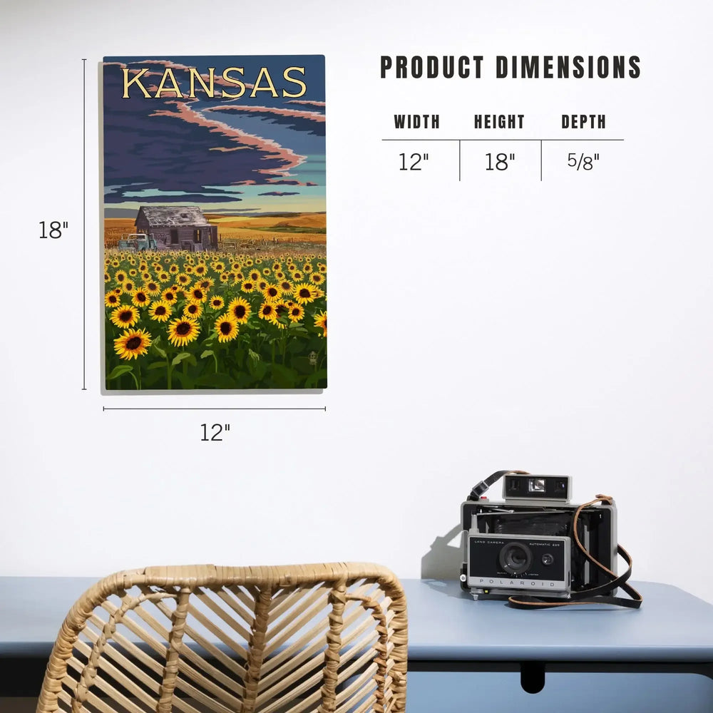 Kansas, Wheat Fields, Shack & Sunflowers, Lantern Press Artwork, Wood Signs and Postcards - Lantern Press