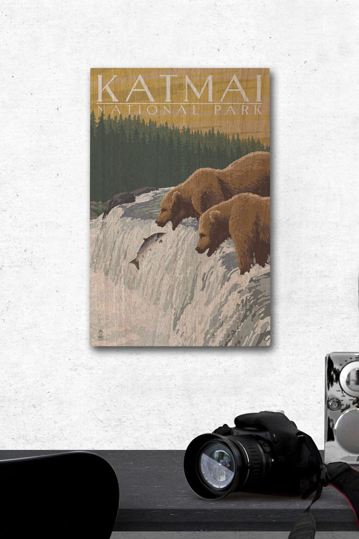 Katmai National Park, Alaska, Bears, Lantern Press Artwork, Wood Signs and Postcards Wood Lantern Press 12 x 18 Wood Gallery Print 