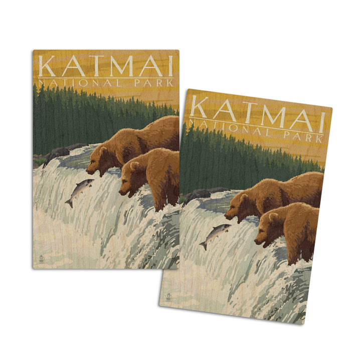 Katmai National Park, Alaska, Bears, Lantern Press Artwork, Wood Signs and Postcards Wood Lantern Press 4x6 Wood Postcard Set 