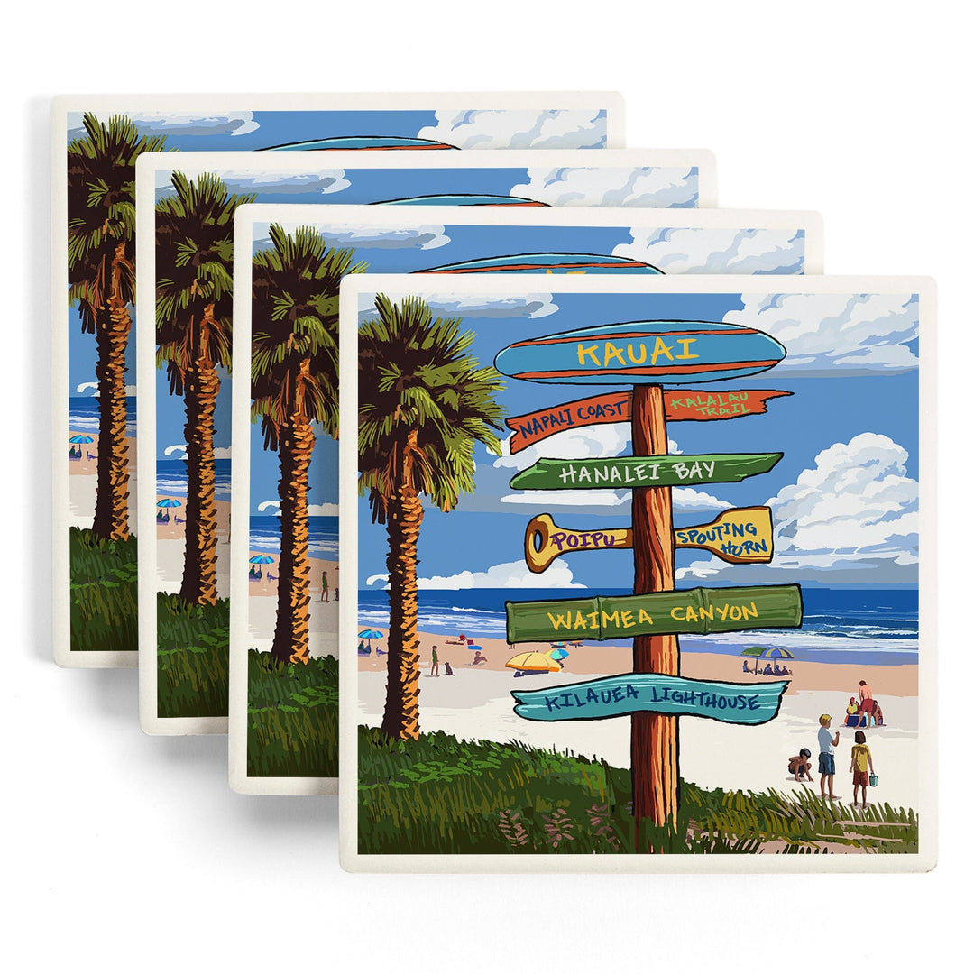 Kauai, Hawaii, Destinations Sign, Lantern Press Artwork, Coaster Set - Lantern Press