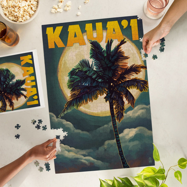 Kaua'i, Hawaii, Palm and Moon, Jigsaw Puzzle Puzzle Lantern Press 