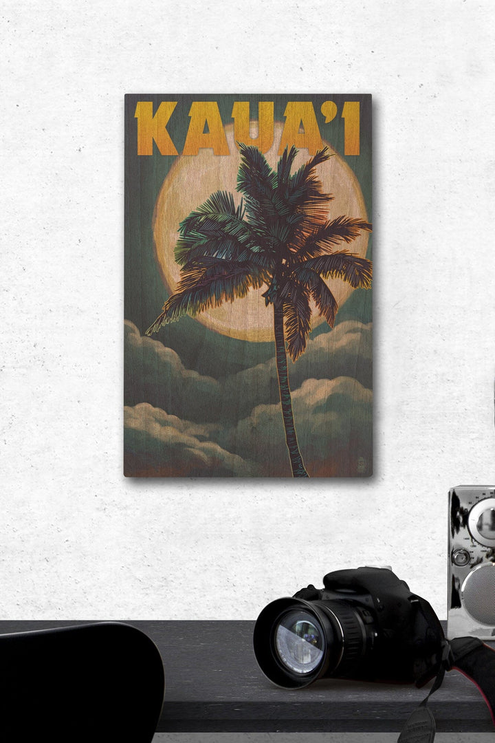 Kaua'i, Hawaii, Palm and Moon, Lantern Press Artwork, Wood Signs and Postcards Wood Lantern Press 12 x 18 Wood Gallery Print 