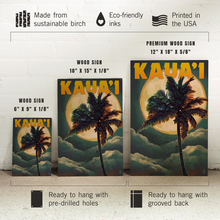 Kaua'i, Hawaii, Palm and Moon, Lantern Press Artwork, Wood Signs and Postcards Wood Lantern Press 