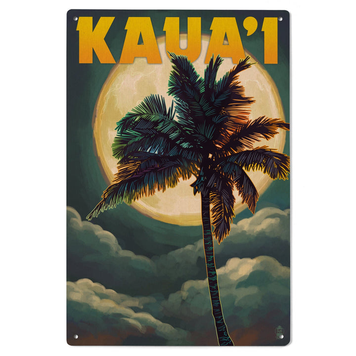 Kaua'i, Hawaii, Palm and Moon, Lantern Press Artwork, Wood Signs and Postcards Wood Lantern Press 
