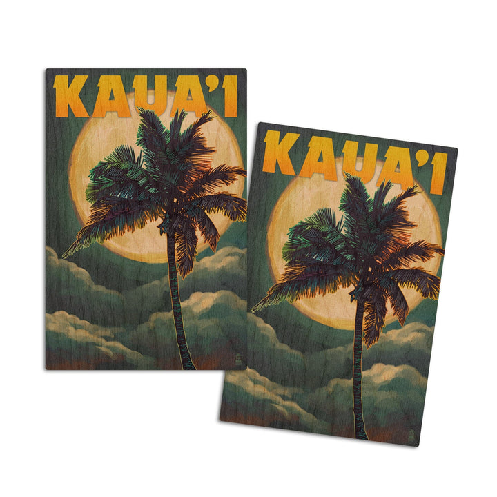 Kaua'i, Hawaii, Palm and Moon, Lantern Press Artwork, Wood Signs and Postcards Wood Lantern Press 4x6 Wood Postcard Set 