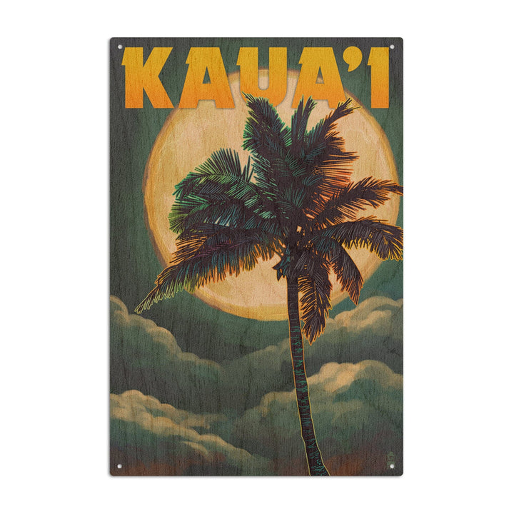 Kaua'i, Hawaii, Palm and Moon, Lantern Press Artwork, Wood Signs and Postcards Wood Lantern Press 6x9 Wood Sign 