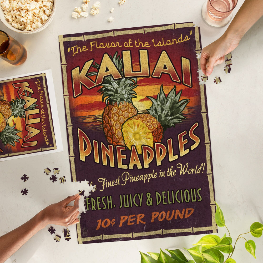 Kauai, Hawaii, Pineapple Vintage Sign, Jigsaw Puzzle Puzzle Lantern Press 
