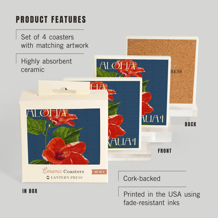 Kaua'i, Hawaii, Red Hibiscus, Lantern Press Poster, Coaster Set - Lantern Press