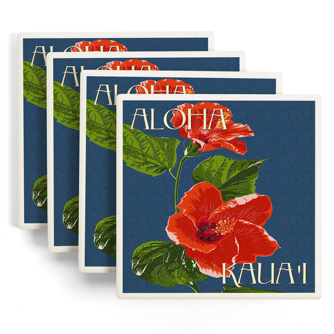 Kaua'i, Hawaii, Red Hibiscus, Lantern Press Poster, Coaster Set - Lantern Press