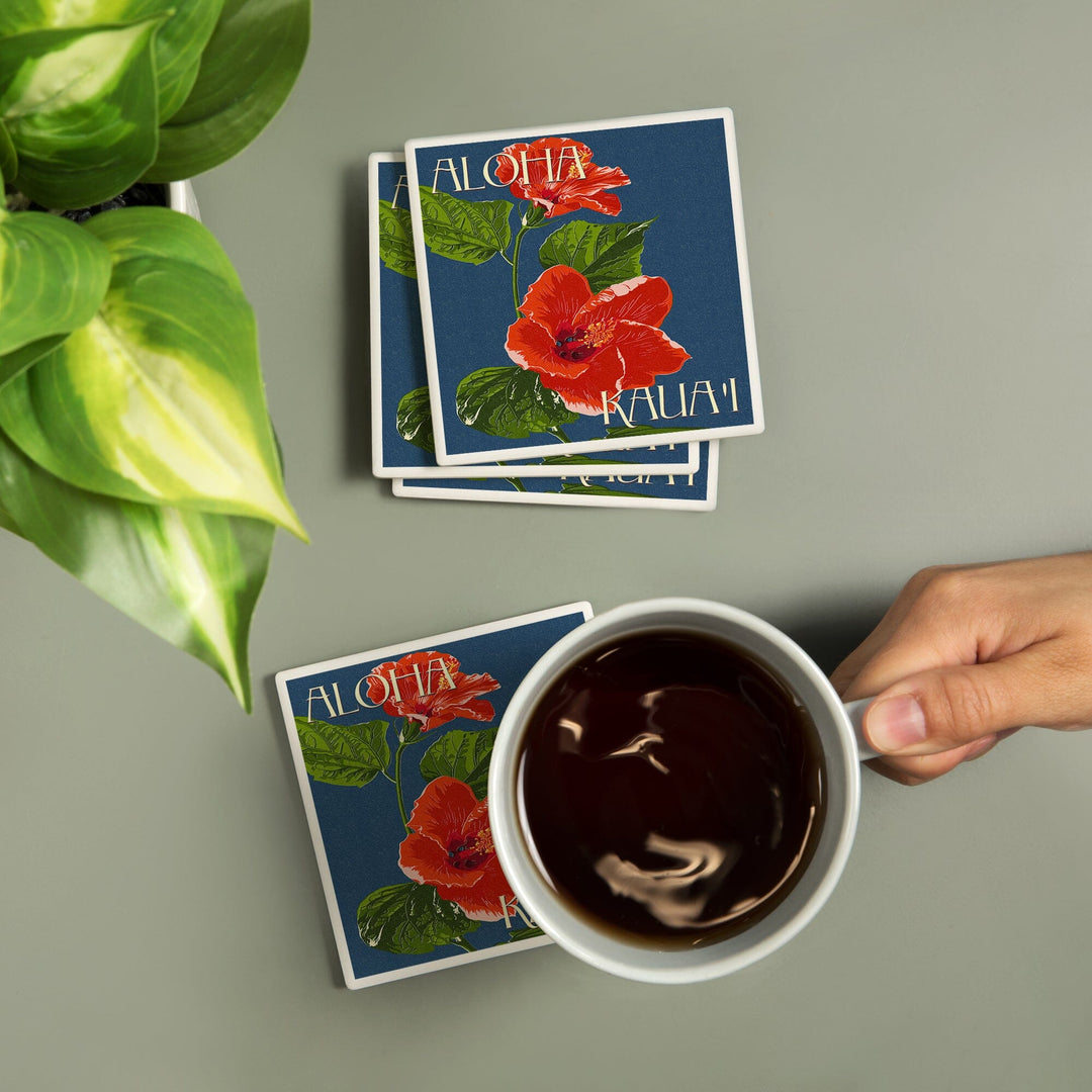 Kaua'i, Hawaii, Red Hibiscus, Lantern Press Poster, Coaster Set - Lantern Press