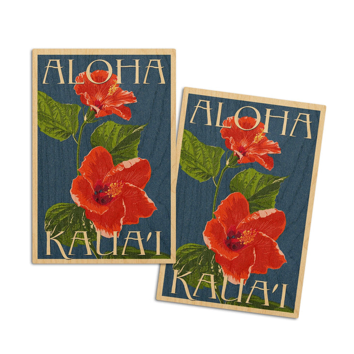 Kaua'i, Hawaii, Red Hibiscus, Lantern Press Poster, Wood Signs and Postcards Wood Lantern Press 4x6 Wood Postcard Set 