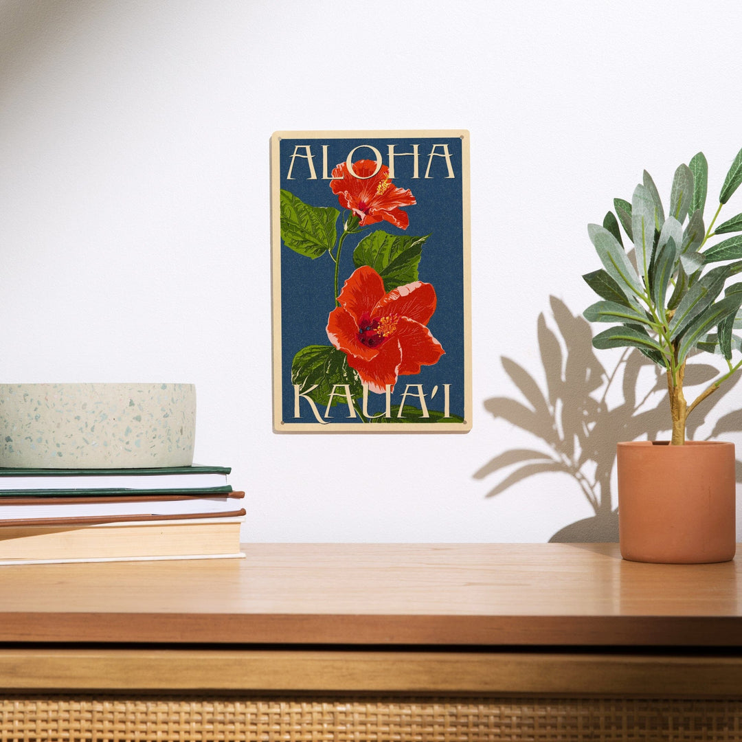 Kaua'i, Hawaii, Red Hibiscus, Lantern Press Poster, Wood Signs and Postcards Wood Lantern Press 