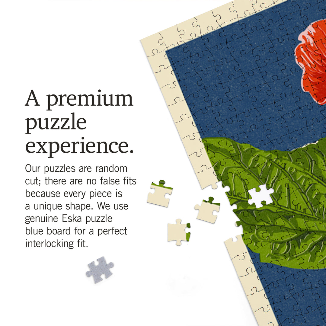 Kauai, Hawaii, Red Hibiscus, Letterpress, Jigsaw Puzzle Puzzle Lantern Press 