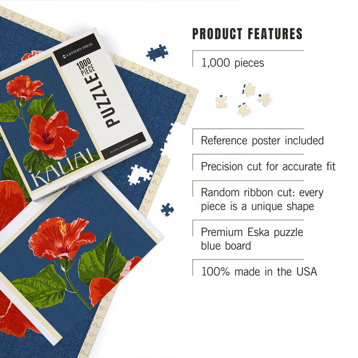 Kauai, Hawaii, Red Hibiscus, Letterpress, Jigsaw Puzzle Puzzle Lantern Press 