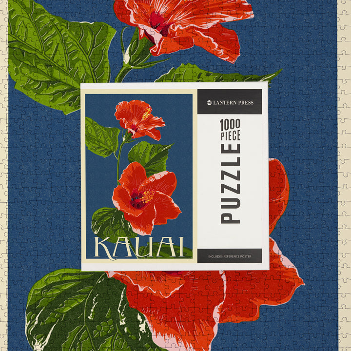 Kauai, Hawaii, Red Hibiscus, Letterpress, Jigsaw Puzzle Puzzle Lantern Press 
