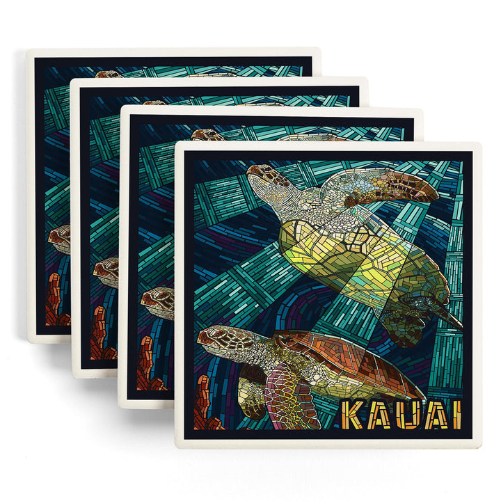 Kauai, Hawaii, Sea Turtle Mosaic, Lantern Press Artwork, Coaster Set - Lantern Press