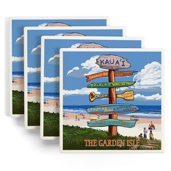 Kaua'i, Hawaii, The Garden Isle, Destinations Sign, Lantern Press Artwork, Coaster Set - Lantern Press