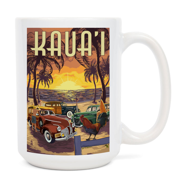 Kauai, Woodies on the Beach w/ Rooster, Lantern Press Artwork, Ceramic Mug Mugs Lantern Press 
