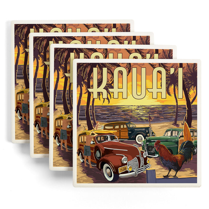 Kauai, Woodies on the Beach w/ Rooster, Lantern Press Artwork, Coaster Set - Lantern Press