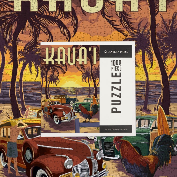 Kauai, Woodies on the Beach with Rooster, Jigsaw Puzzle Puzzle Lantern Press 