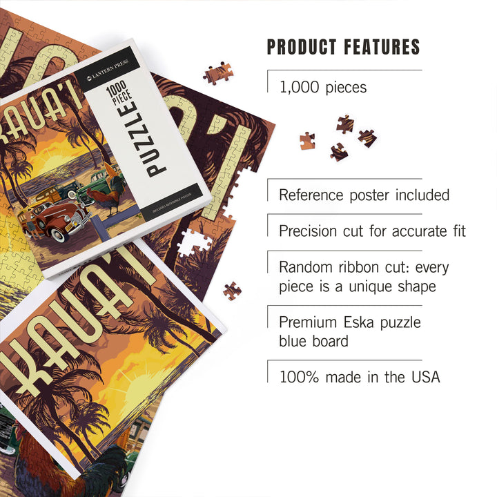 Kauai, Woodies on the Beach with Rooster, Jigsaw Puzzle Puzzle Lantern Press 