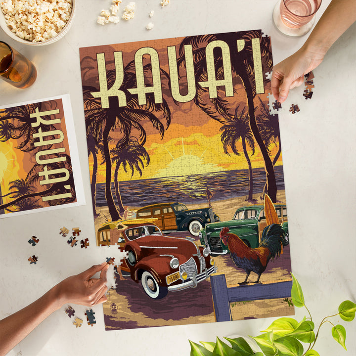 Kauai, Woodies on the Beach with Rooster, Jigsaw Puzzle Puzzle Lantern Press 