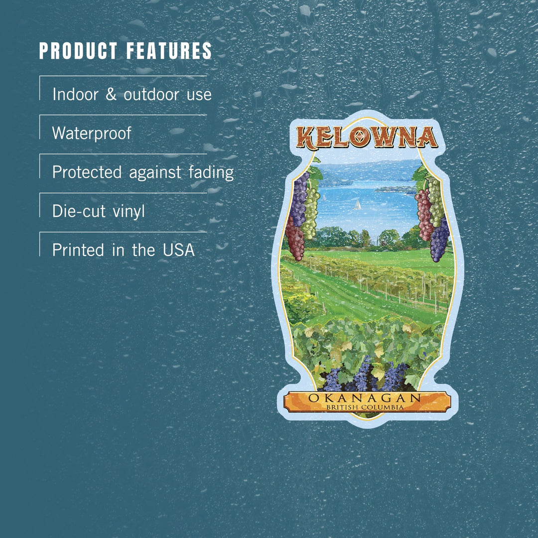 Kelowna, British Columbia, Okanagan Vineyard Scene, Contour, Vinyl Sticker - Lantern Press