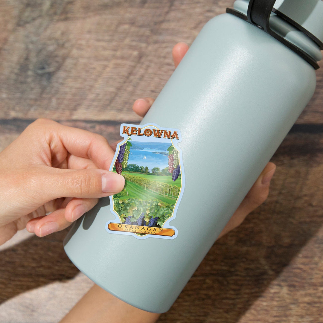 Kelowna, British Columbia, Okanagan Vineyard Scene, Contour, Vinyl Sticker - Lantern Press