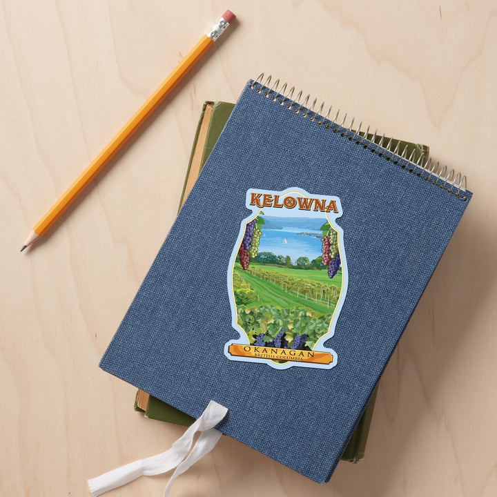 Kelowna, British Columbia, Okanagan Vineyard Scene, Contour, Vinyl Sticker - Lantern Press