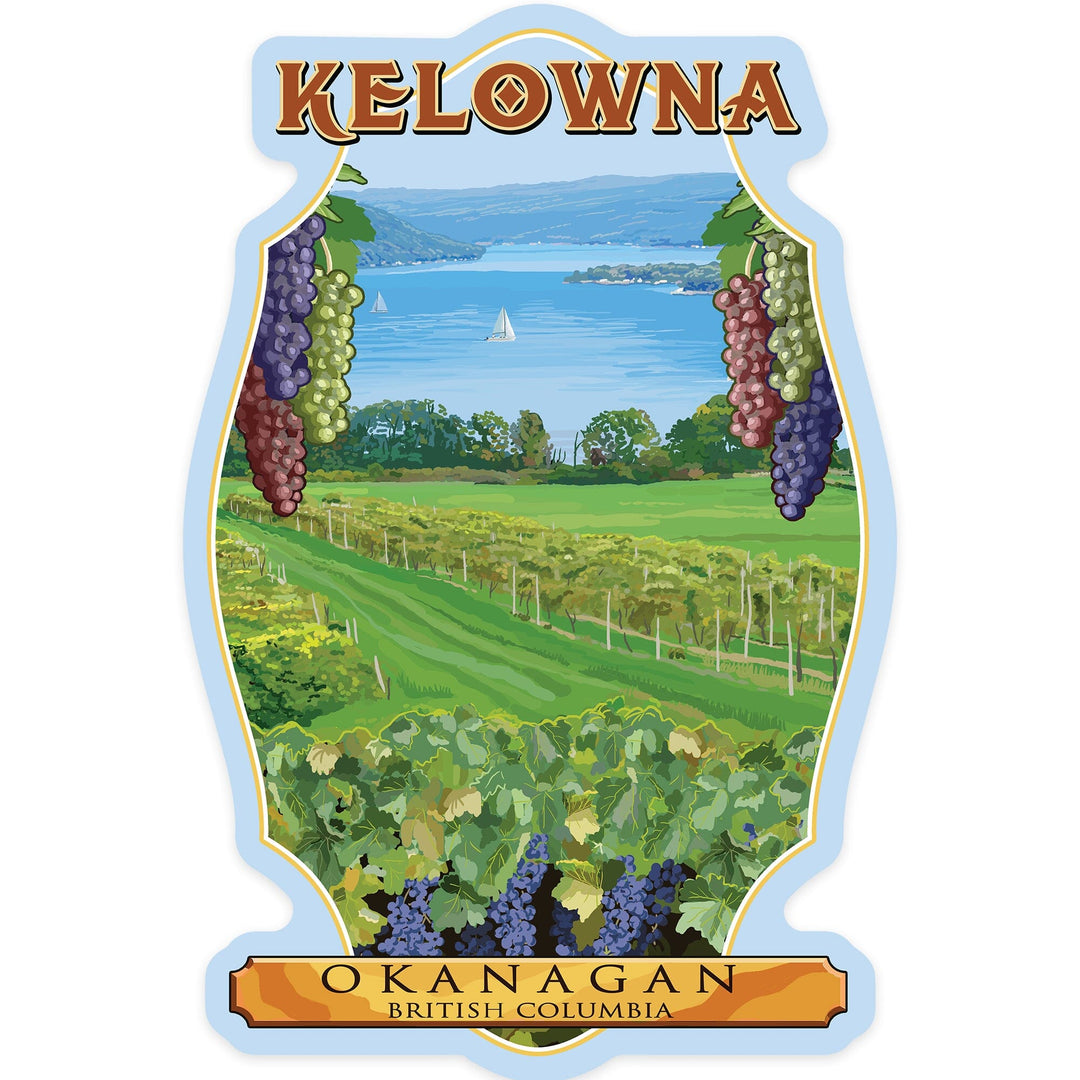 Kelowna, British Columbia, Okanagan Vineyard Scene, Contour, Vinyl Sticker - Lantern Press