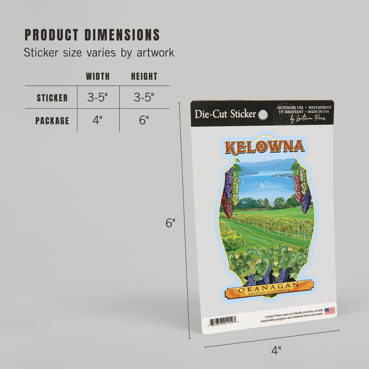 Kelowna, British Columbia, Okanagan Vineyard Scene, Contour, Vinyl Sticker - Lantern Press