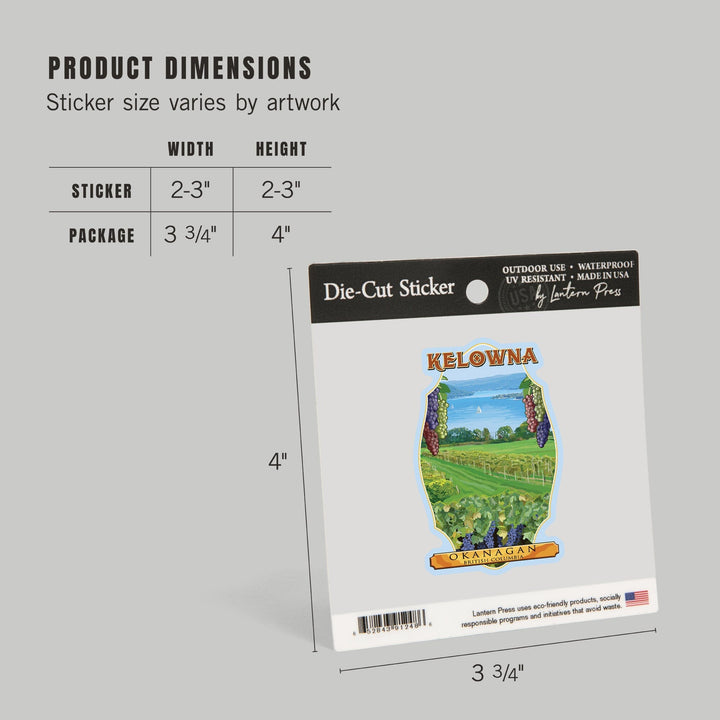 Kelowna, British Columbia, Okanagan Vineyard Scene, Contour, Vinyl Sticker - Lantern Press