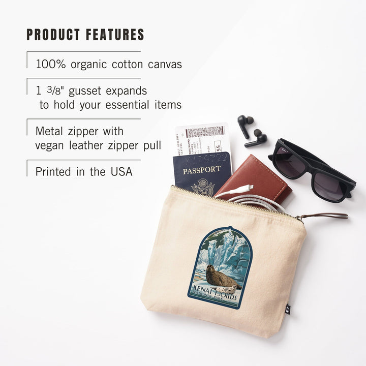 Kenai Fjords National Park, Alaska, Seals and Ice Shelf,, Organic Cotton Zipper Pouch, Go Bag Go Bag Lantern Press 