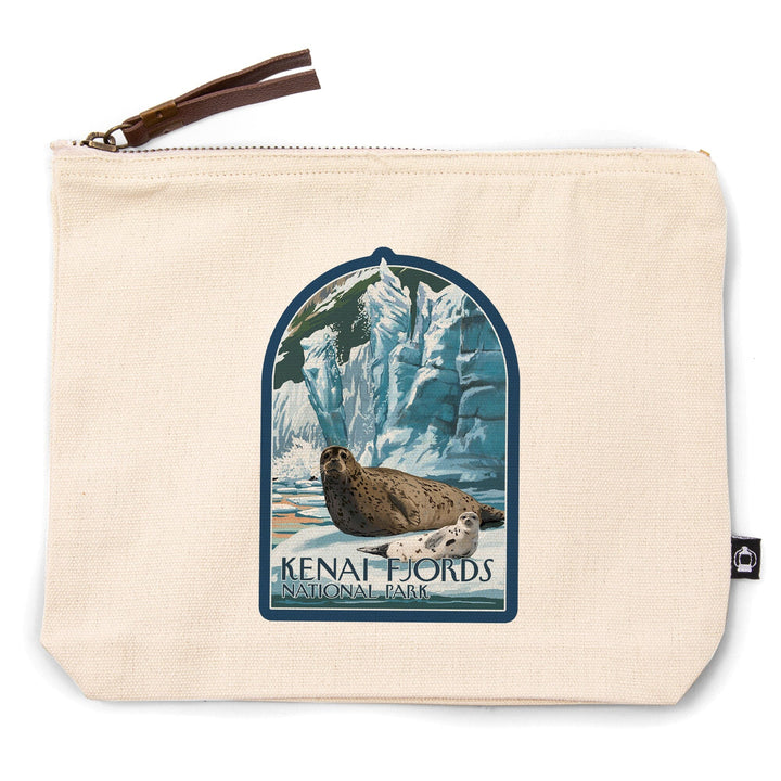 Kenai Fjords National Park, Alaska, Seals and Ice Shelf,, Organic Cotton Zipper Pouch, Go Bag Go Bag Lantern Press 