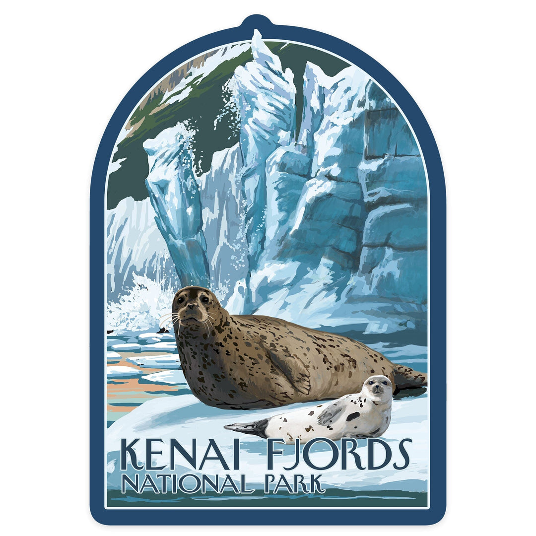 Kenai Fjords National Park, Alaska, Seals & Ice Shelf, Contour, Lantern Press Artwork, Vinyl Sticker Sticker Lantern Press 
