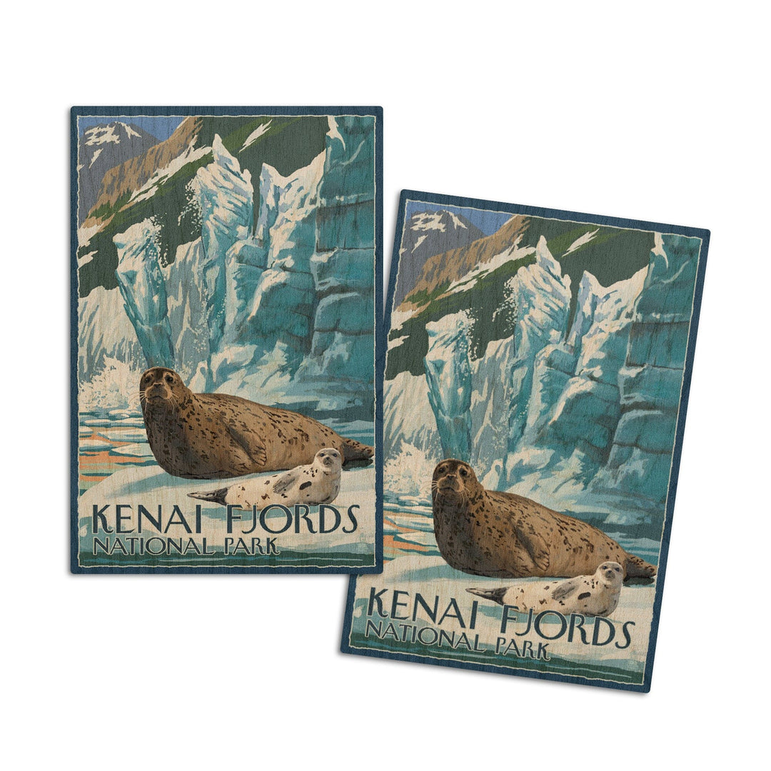 Kenai Fjords National Park, Alaska, Seals & Ice Shelf, Lantern Press Artwork, Wood Signs and Postcards Wood Lantern Press 4x6 Wood Postcard Set 