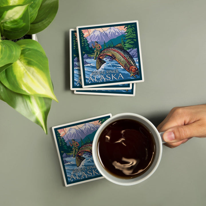 Kenai River, Alaska, Angler Fly Fishing Scene (Leaping Trout), Coasters Coasters Lantern Press 