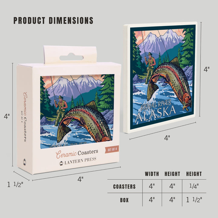 Kenai River, Alaska, Angler Fly Fishing Scene (Leaping Trout), Coasters Coasters Lantern Press 