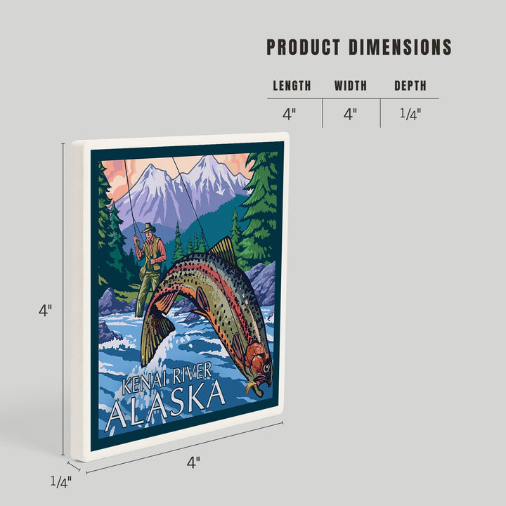 Kenai River, Alaska, Angler Fly Fishing Scene (Leaping Trout), Coasters Coasters Lantern Press 